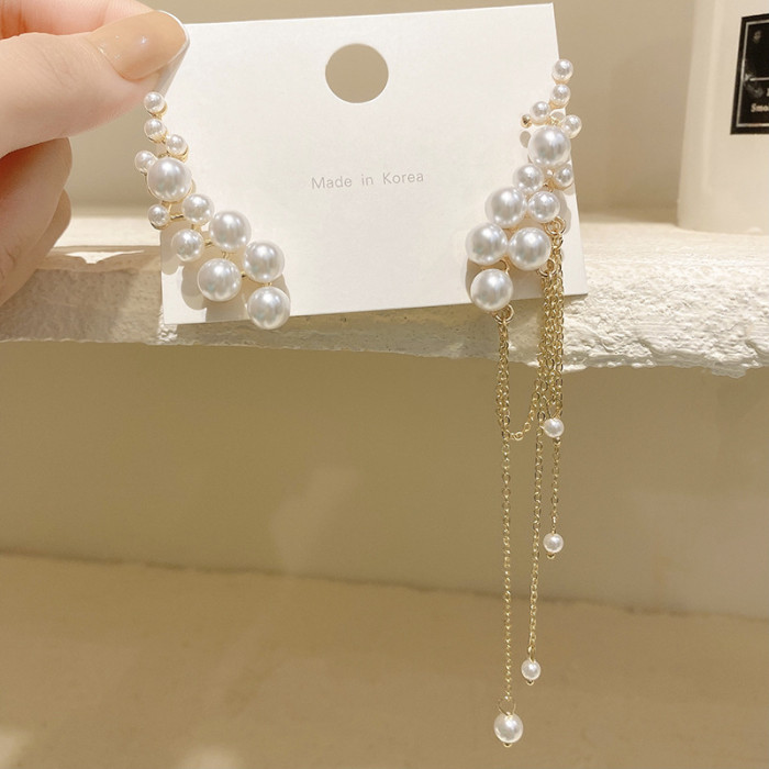 French Pearl Tassel Asymmetric Ear Bone Clip All In One Earrings for Women Korean Fashion Earring Birthday Party Jewelry Gifts