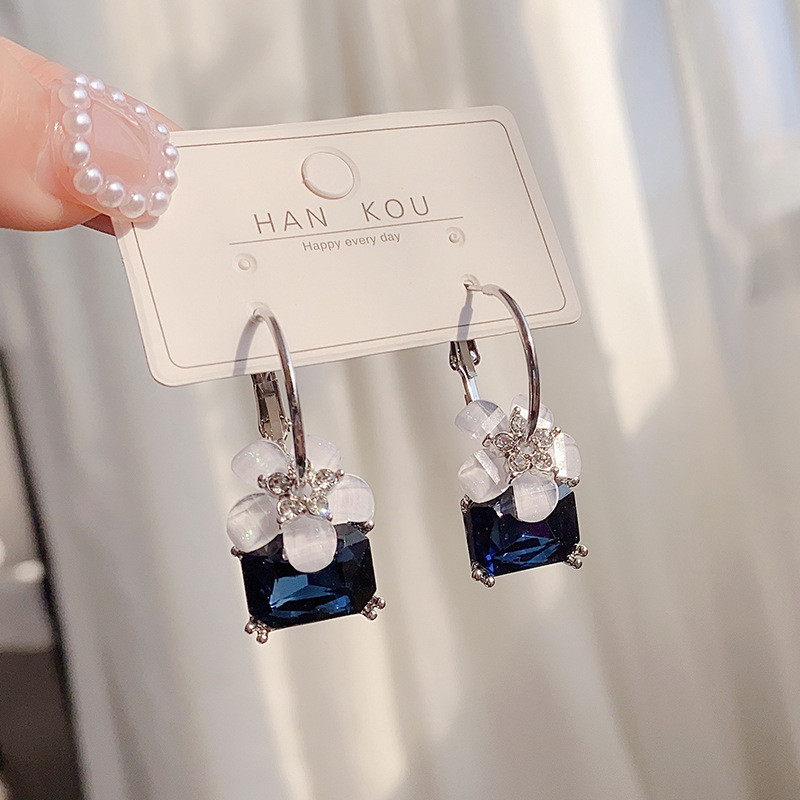 Vintage Female Blue Crystal Glazed Flower Earrings Classic Silver Color Hoop Earrings Dainty Bridal Square Wedding