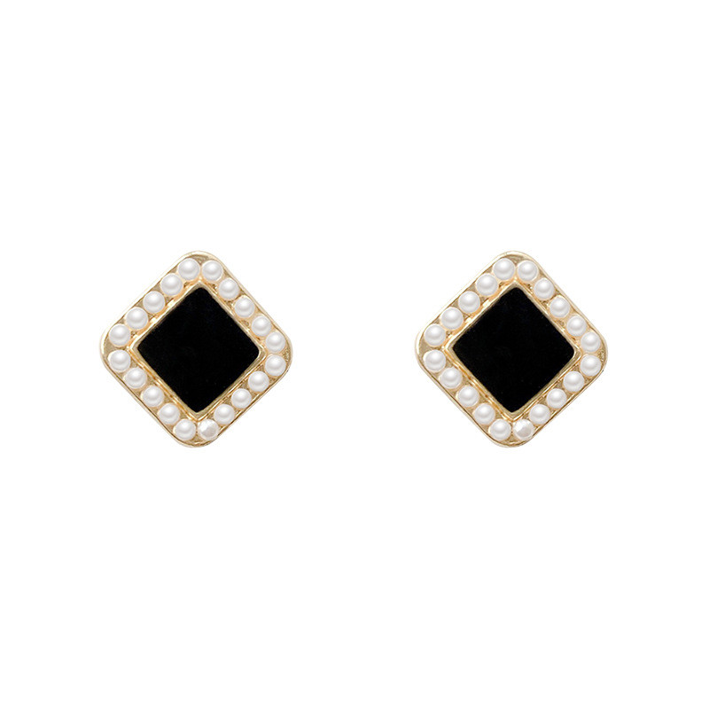 Originalest Korean Fashion Trend Attractive Vintage Enamel Pearl Around Square Stud Earrings for Women Girl Student Jewelry