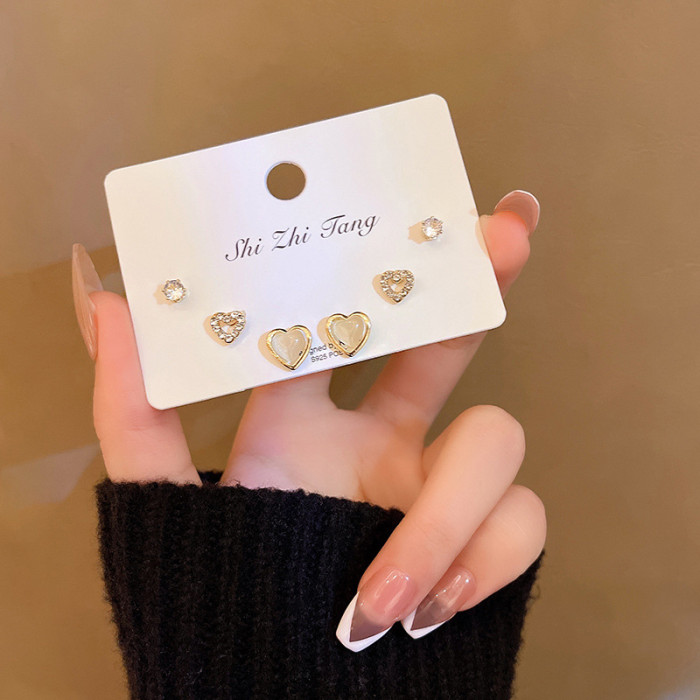 Shiny Zircon Opal Hearts Stud Earring for Women Rose Gold Color Ear Pin Fine Jewelry Valentine's Gift