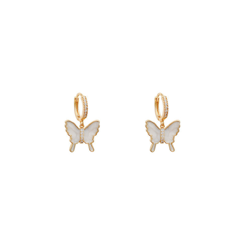 Colorful Zircon Rhinestone Circle White Shell Butterfly Hoop Earrings For Women Elegant Luxury Stainless Steel Earrings Jewelry