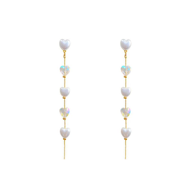 French Retro Baroque Imitation Pearls Heart Splicing Dangle Earrings for Women LOVE Long Tassel Exquisite Heart Shaped Jewelry