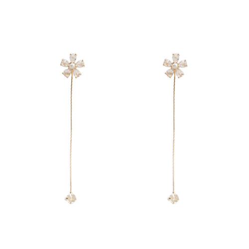 Plated 14K Gold Long Tassel Zircon Flower Earrings Women Sweet Temperament Wedding Jewelry Accessories