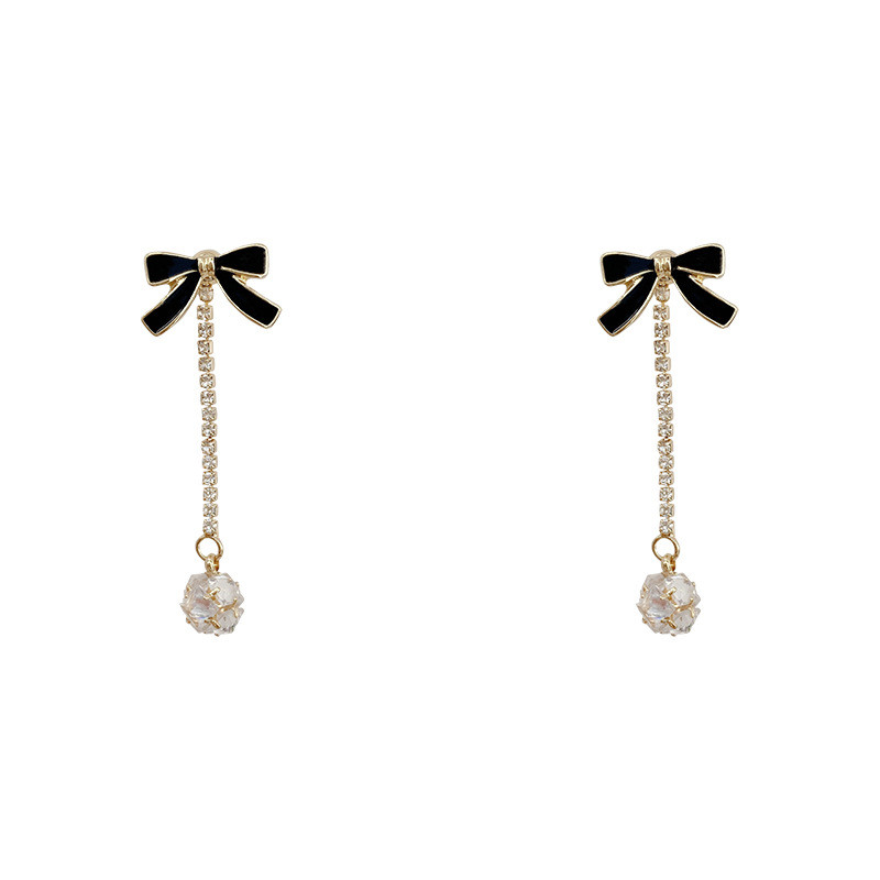 Retro French Sweet Zircon Bow Metal Earrings Female Elegant Ball Dangle Long Tassel Gold Color Earrings Jewelry