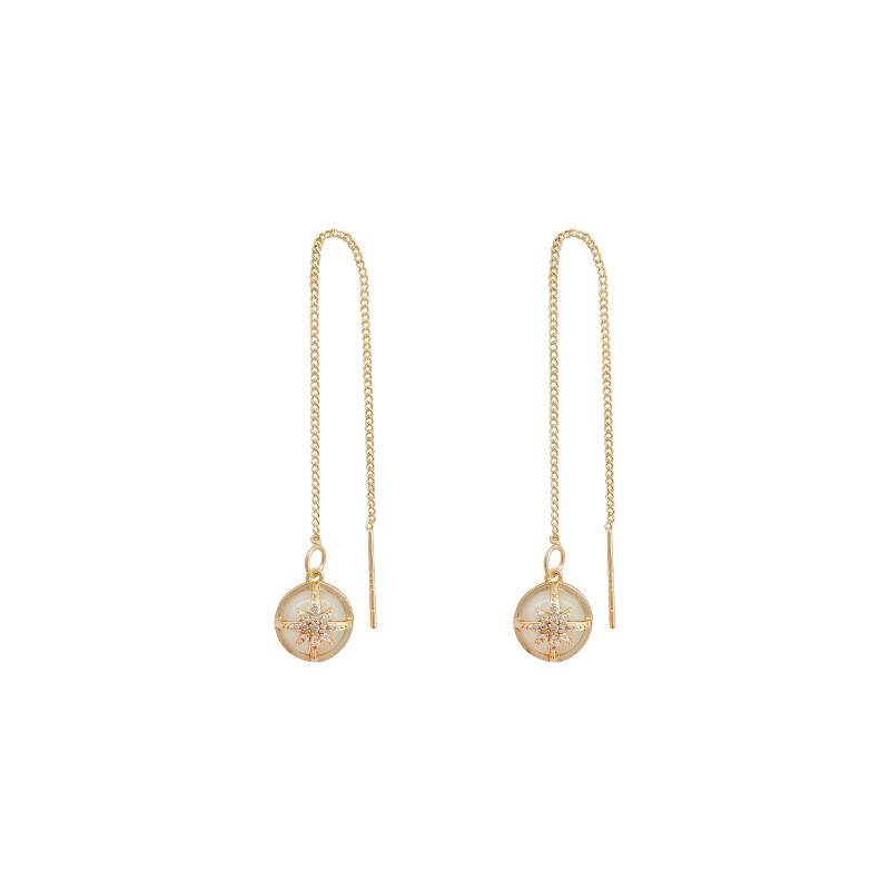 Silver Color Simple Eight Awn Star Opal Bead Long Tassel Ear Chain Earrings Simple Fahsion Box Chain Ear Jewelry for Women Gifts