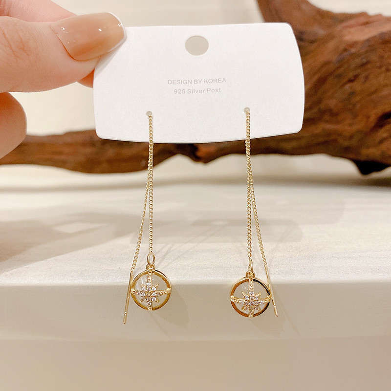 Silver Color Simple Eight Awn Star Opal Bead Long Tassel Ear Chain Earrings Simple Fahsion Box Chain Ear Jewelry for Women Gifts