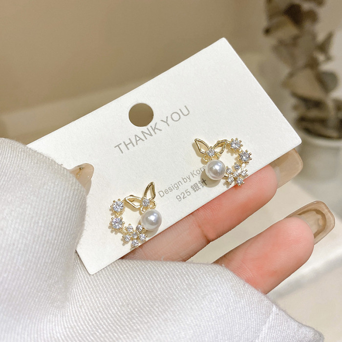2022 South Korea Small Fresh Sweet Cute Flower Crystal Temperament Geometric Round Pearl Zircon Earrings Party