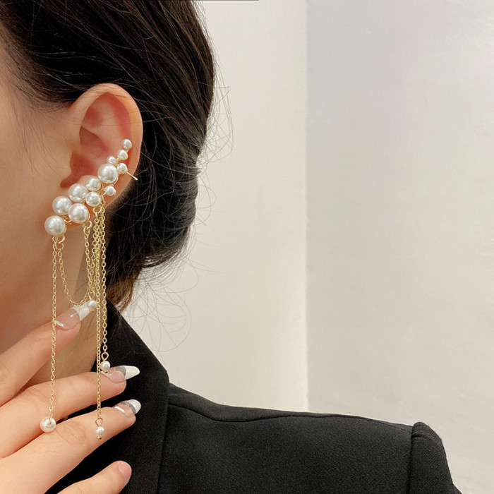 Luxury Pearl Tassel Asymmetric Ear Bone Clip All In One Earrings for Women Korean Fashion Earring Birthday Party Jewelry Gifts