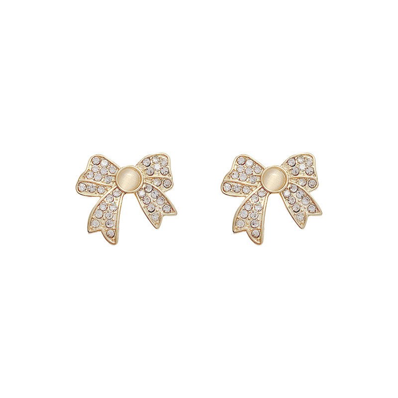 Luxury Design Fashion Jewelry 14K Real Gold Electroplating Zircon Opal Bow Earrings Sweet Student Gift Women's Daily Earring