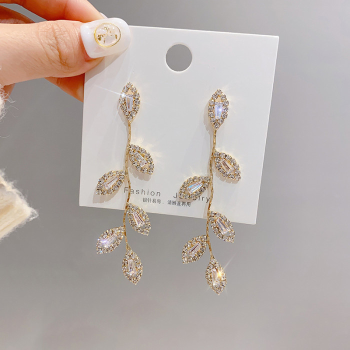 Luxury 14K Real Gold Plated Leaves Earring Delicate Micro Inlaid Cubic Zircon CZ Stud Earrings Wedding Jewelry Pendant 1916