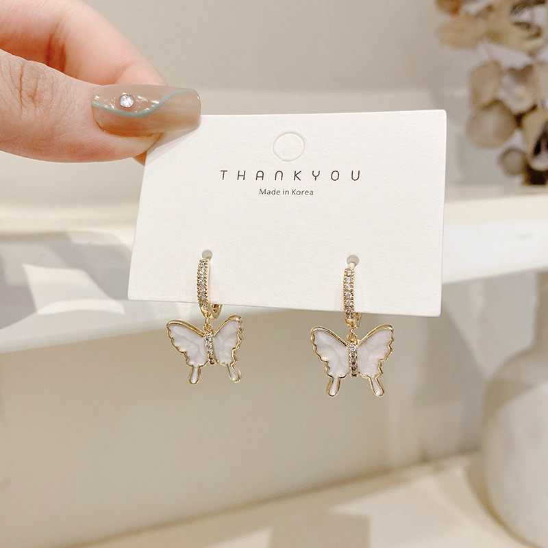 Colorful Zircon Rhinestone Circle White Shell Butterfly Hoop Earrings For Women Elegant Luxury Stainless Steel Earrings Jewelry