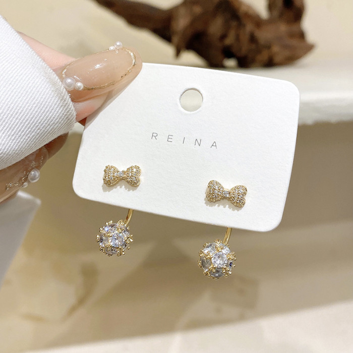 Silver Color Crystal Ball AAA CZ Bow Stud Earrings for Women Back Hanging Earings Sterling Silver Jewelry