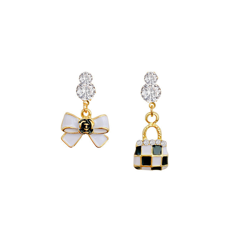 South Korea's New Style Checkerboard Bow Handbag Earrings Female Exquisite Niche Design Black and White Checkered Earrings
