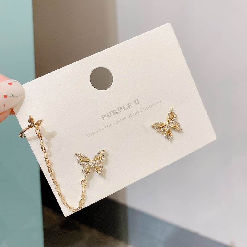 New Fashion 14K Gold Zircon Butterfly Clip Earrings for Women Simple Fake Cartilage Long Tassel Ear Cuff Jewelry Gift