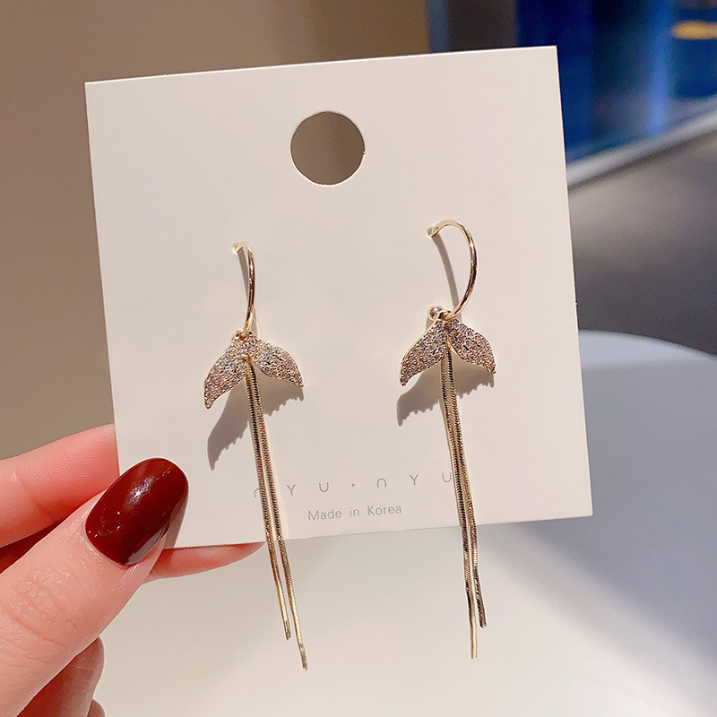 Jewelry Freshwater Pearl Fishtail Element Design Long Tassel Earrings Korean Style Ear Hook Triangle Ear Clip