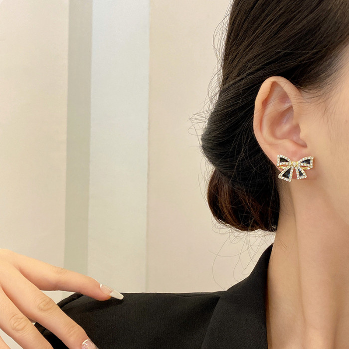 Half Hole Pearl Holder Bow Stud Earrings Black Inlaid Zircon 14K Gold DIY Temperament Lady Gift Earrings