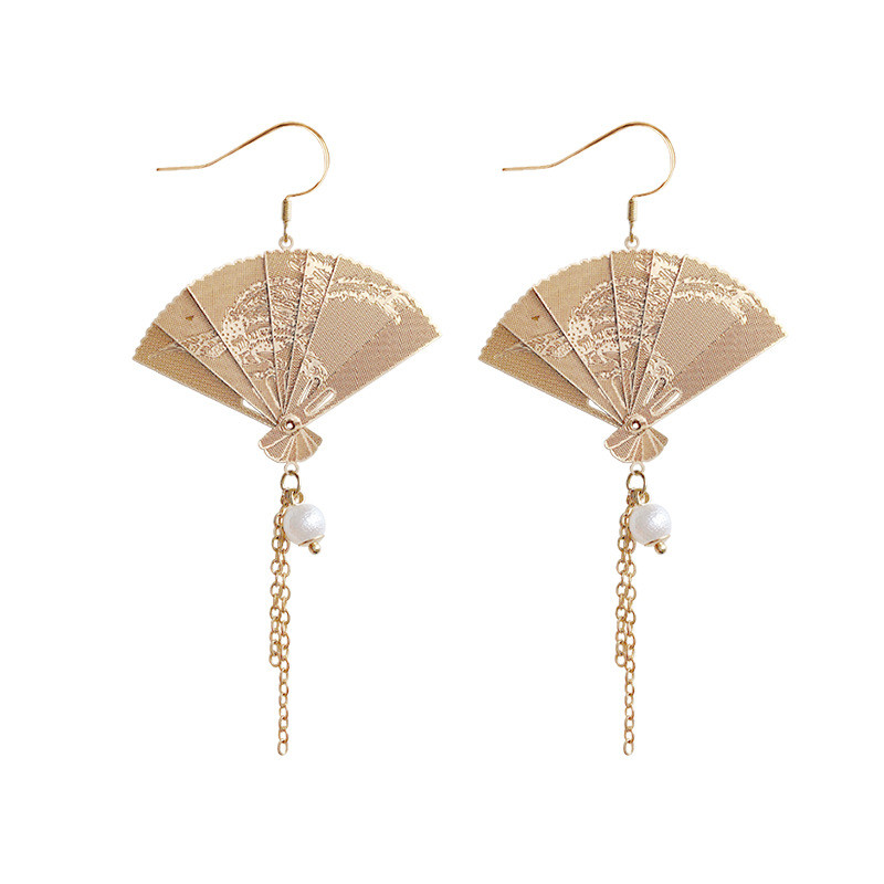 Chinese Style Folding Fan Modeling Hanging Dangle Women's Earrings Fashion Simple Prevent Allergy Ear Hook