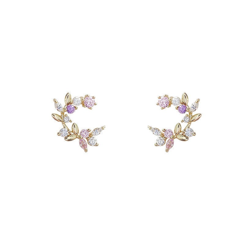 Trendy Gold Metal Round Circle Earrings Cute Pink Flower Earrings for Women Girls Jewelry Female Rhinestone Gifts
