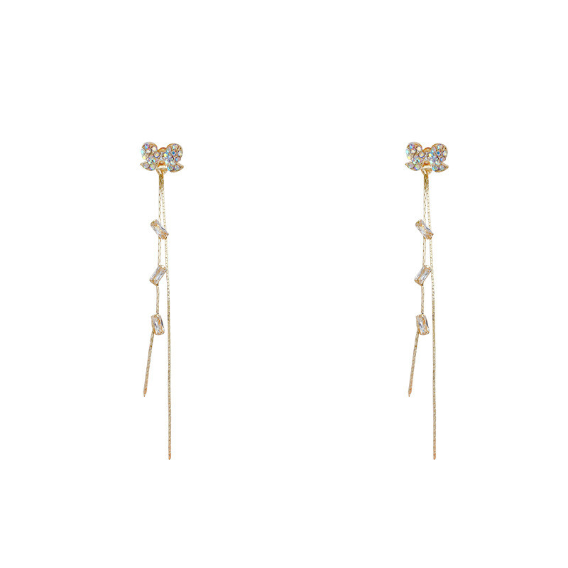 Retro French Colored Zircon Bow Metal Earrings Female Elegant Ball Dangle Long Tassel Gold Color Earrings Jewelry