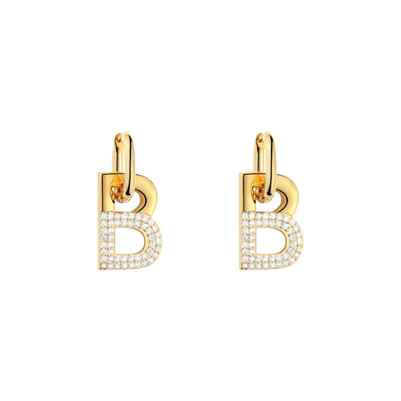 Punk Alphabet Letter B Zircon Inlaid Hoop Earrings for Women Trendy Hiphop Korean Minimalist Earrings Gifts 373
