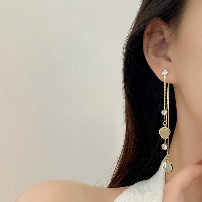 Korean Earring Fashion Gold Ins Style Simple Long Tassel Opal Pendant Earrings for Women Jewelry Wedding Party Gifts