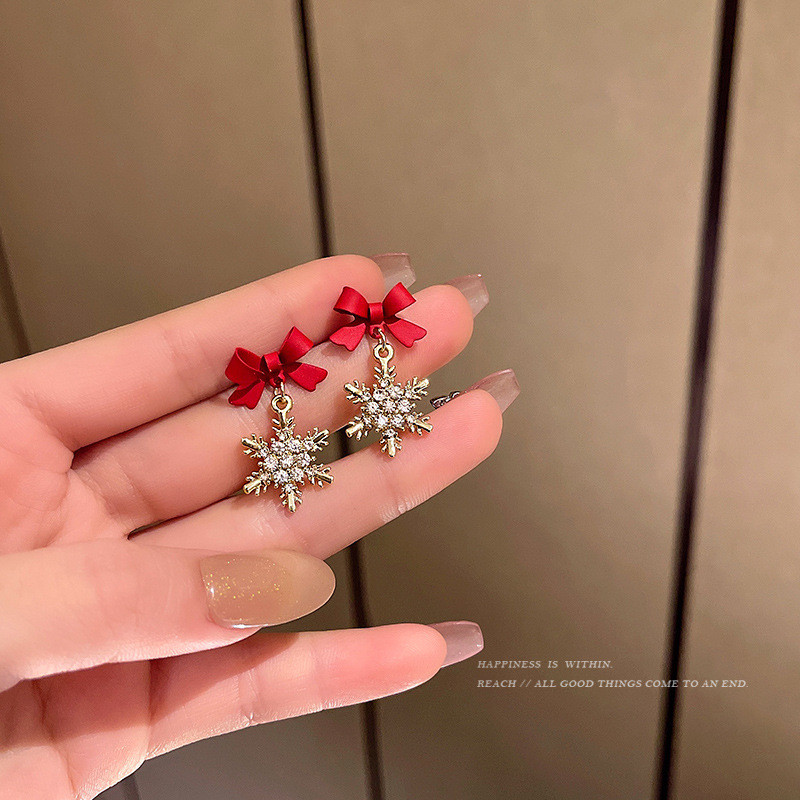 Micro Pave Zirconia Bow Snowflake Earrings For Women Korean Style Delicate Simple Red Black Pendientes Jewelry Wholesale