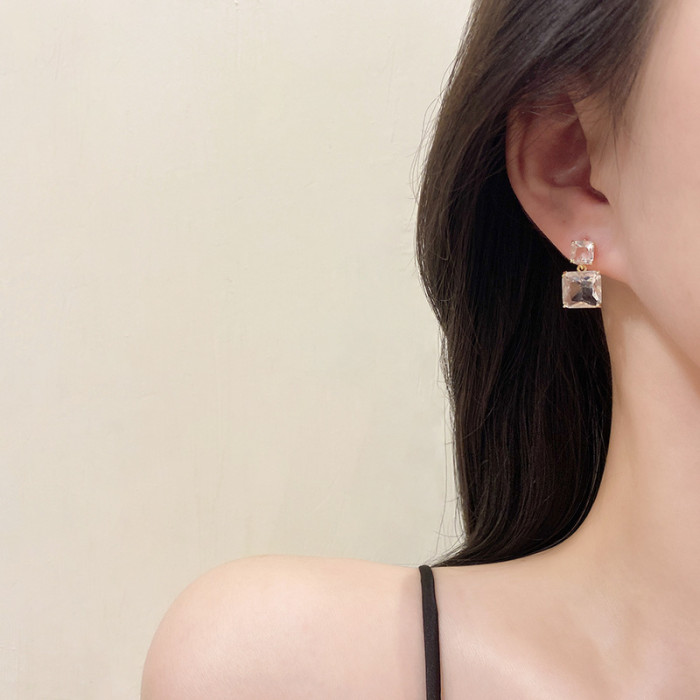 Korean New Design Fashion Jewelry Double Square Earrings Luxury Transparent Glass Crystal Party Earrings for Women Gift