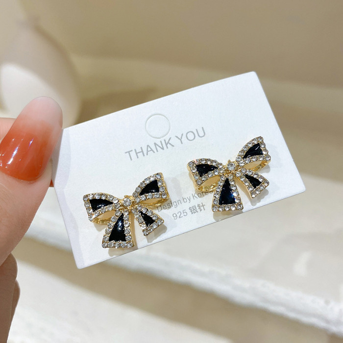 Half Hole Pearl Holder Bow Stud Earrings Black Inlaid Zircon 14K Gold DIY Temperament Lady Gift Earrings