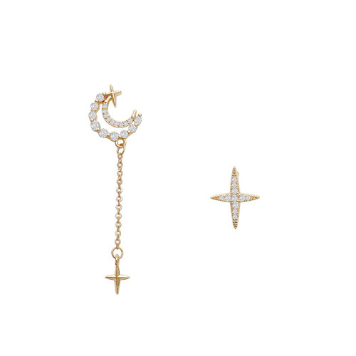 Luxury Zircon Star and Moon Tassel Asymmetric Earrings Fashion Wild Female Trendy French Earrings
