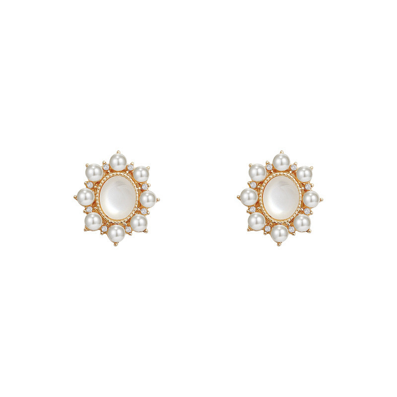 Vintage Oval Pearl Opal Stud Earrings for Women Korean Retro Rhinestone Earrings Wedding Party Fashion Jewelry Wholesale Gift