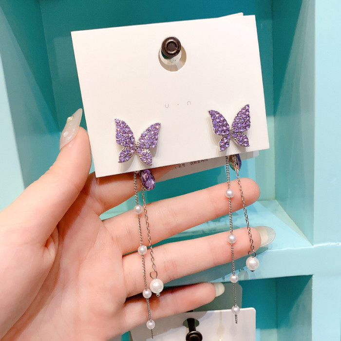 Original Fashion Trend Earrings Creative Purple Butterfly Full Zircon Pearl Long Tassel Earrings Wild Jewelry Wholesale