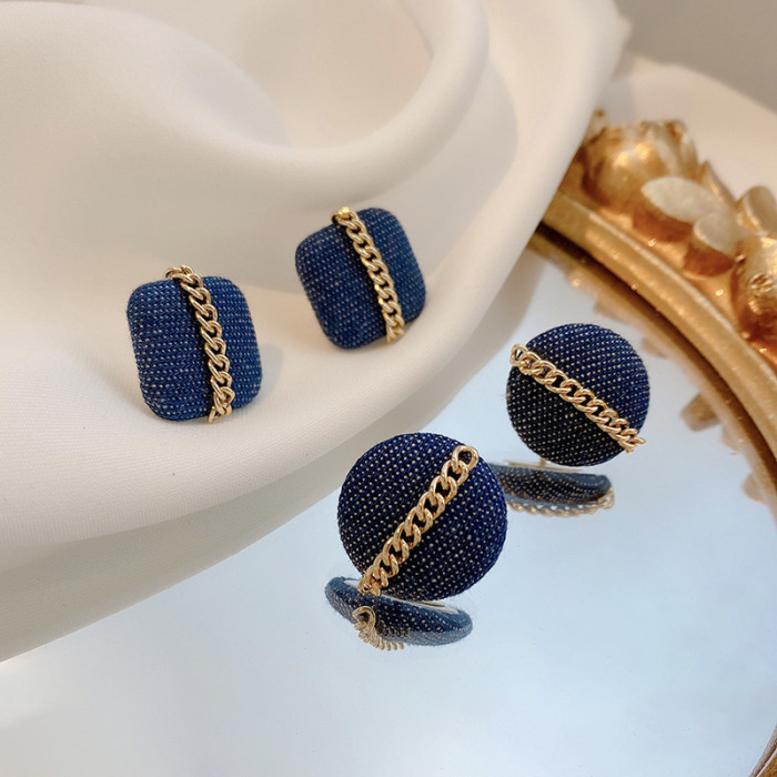 Simple Bohemia Alloy Earrings Blue Cowboy Fabric Chain Studs Earrings for Women Fashion Jewelry