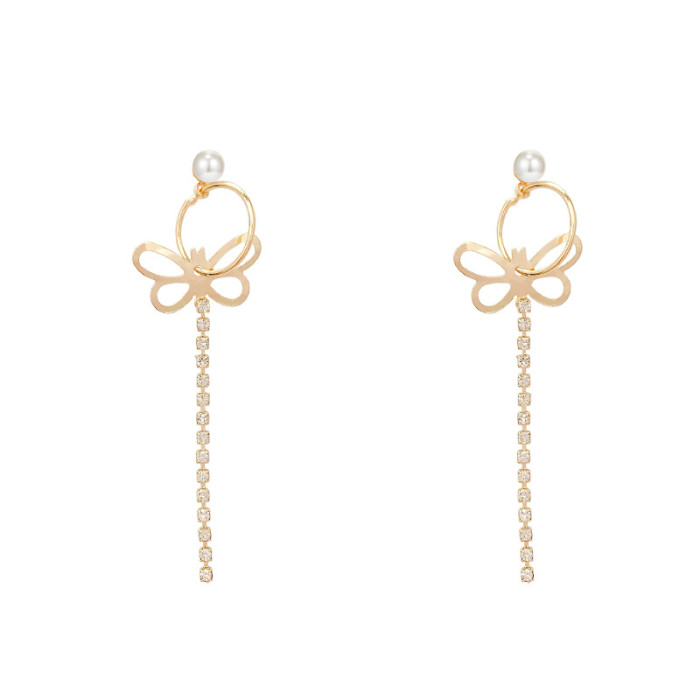 Butterfly Pearl Earrings for Women Long Bow Knot Circle Zircon Tassel Bohemian Earring Female Fashion Jewelry Lady Gift