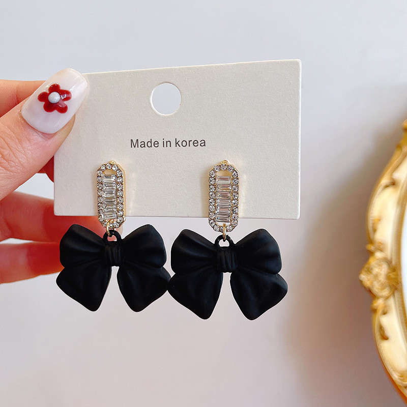 Korean Style Black Bowknot Dangle Earrings for Women Rhinestone Earrings Weddings Party Jewelry Accessories