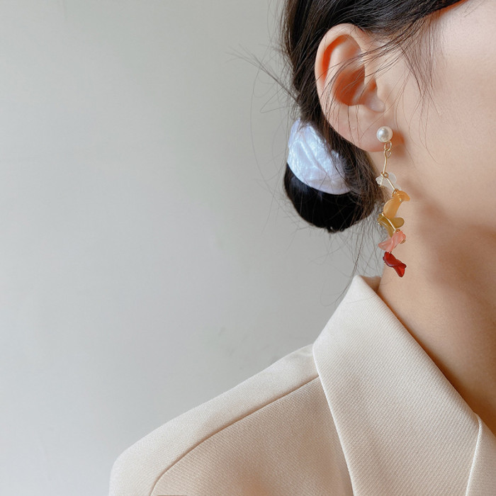 Summer Beach Holiday Color Acrylic Petal Flower Pendant Earrings Alloy Fashion Jewelry Orange White Pink Pendant Earring