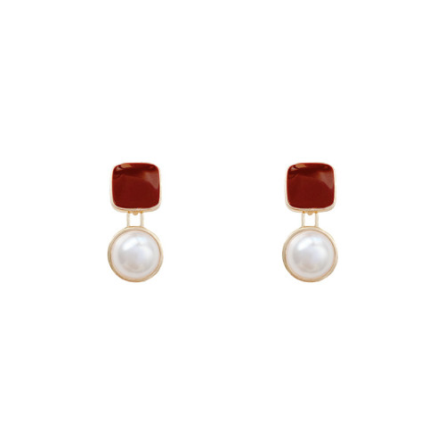 Retro Trendy Red Square Pearl Clip on Earrings Trendy  High End Luxury Simple Bohemia Clip Earrings No Piercing for Women