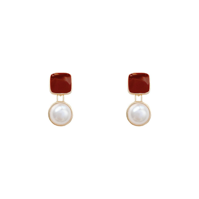 Retro Trendy Red Square Pearl Clip on Earrings Trendy  High End Luxury Simple Bohemia Clip Earrings No Piercing for Women
