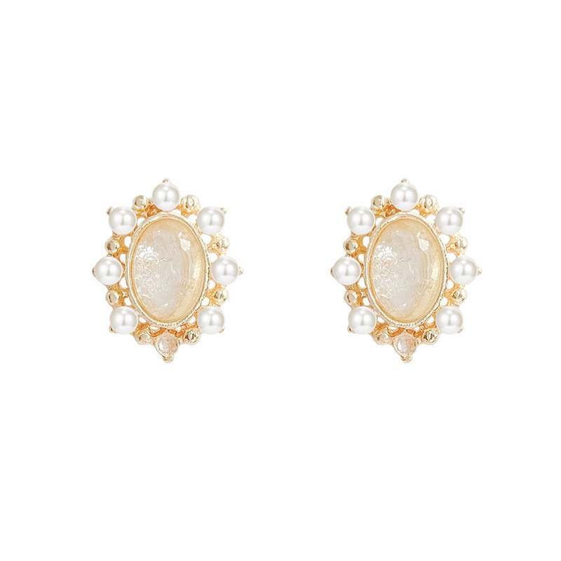 Korean Trendy Oval Opal Stud Earrings For Women Elegant Pearl Beads Zircon Wedding Jewelry