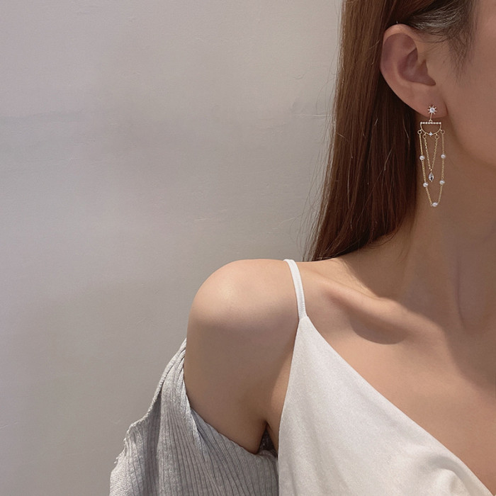 Trendy Long Imitation Pearls Tassel Chain  Earrings Simple Elegant Round Pearls Pendant Earrings