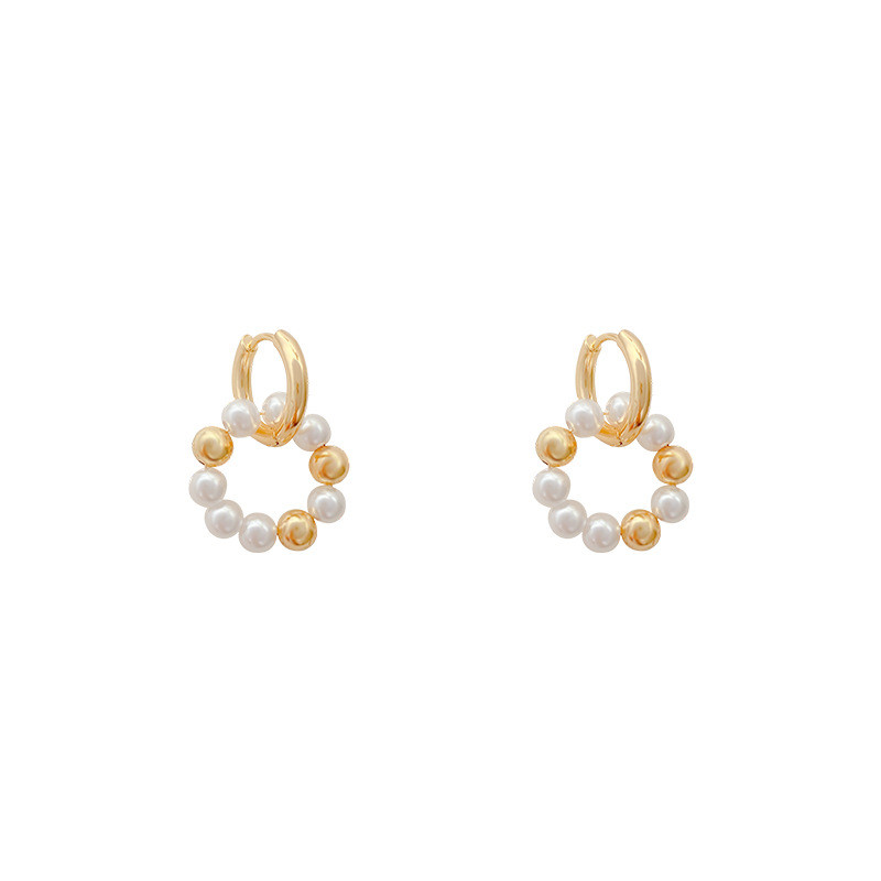 Asymmetric Natural Freshwater Pearl Hanging Earrings Double Circle Dangle Earrings French Unusual