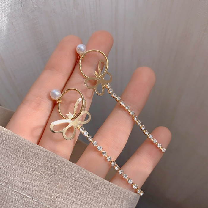 Butterfly Pearl Earrings for Women Long Bow Knot Circle Zircon Tassel Bohemian Earring Female Fashion Jewelry Lady Gift
