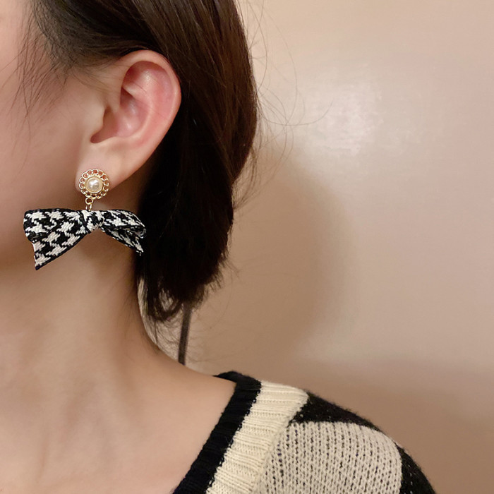 Korean Gentle Trendy Fashion Versatile Bohemia Retro Thousand Bird Lattice Bow Earrings