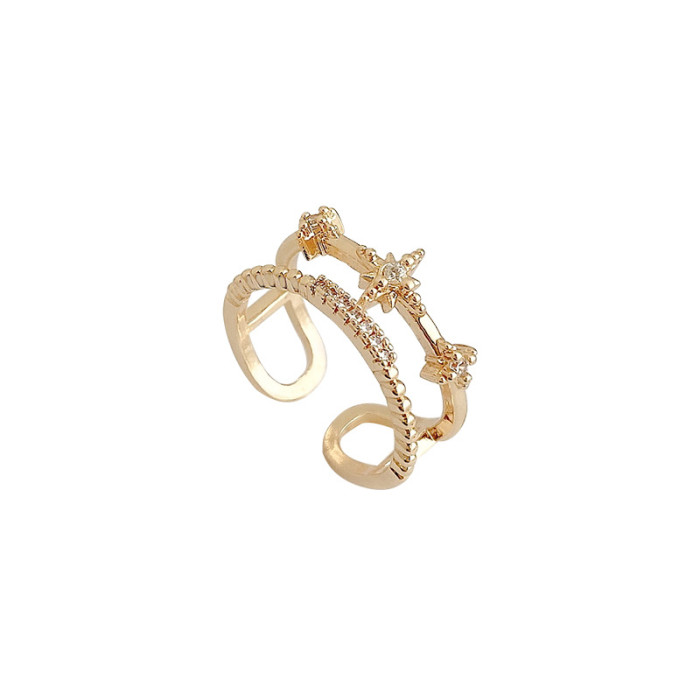 Luxury Free Size Wedding Engagement Ring for Women Shiny Zircon Double Layer Pentagram Ring Jewelry