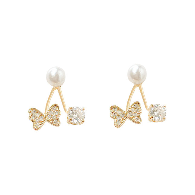 Sweet Girl Korean Fashion Original Trendy Earrings Wild Personality Small Bow Pearl Crystal Earrings Women