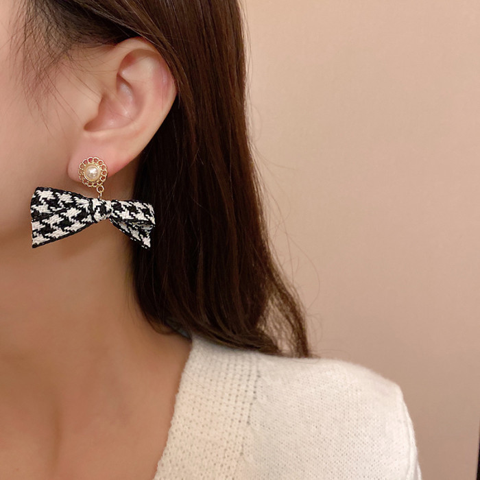 Korean Gentle Trendy Fashion Versatile Bohemia Retro Thousand Bird Lattice Bow Earrings
