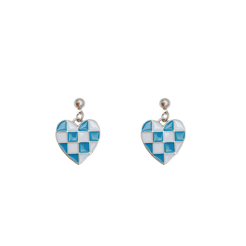 2022 Fashion Lovely Blue White Checkerboard Heart Earrings Trendy  Cute Summer Ear Jewelry for Women Girls
