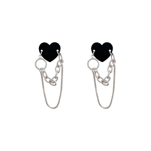 Fashion Women Drop Earrings Double Silver Color Chain Link Black Heart Sweet and Cool Hip Hop Style 2022