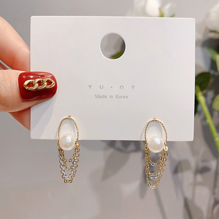 Sweet Girl Trendy Elegant Flower Imitation Pearl Chain Tassel Earrings Korean Fashion Women's Accessories Jewelry