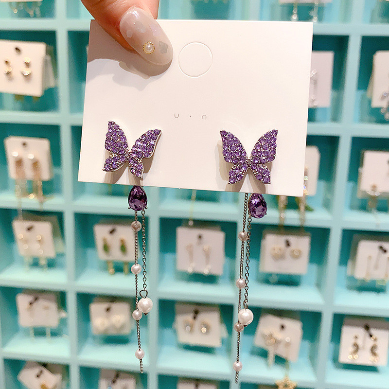 Original Fashion Trend Earrings Creative Purple Butterfly Full Zircon Pearl Long Tassel Earrings Wild Jewelry Wholesale