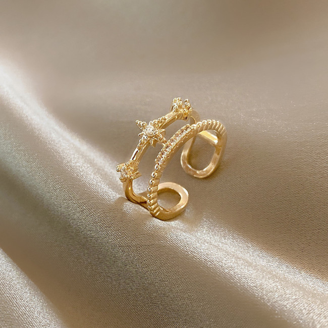 Luxury Free Size Wedding Engagement Ring for Women Shiny Zircon Double Layer Pentagram Ring Jewelry